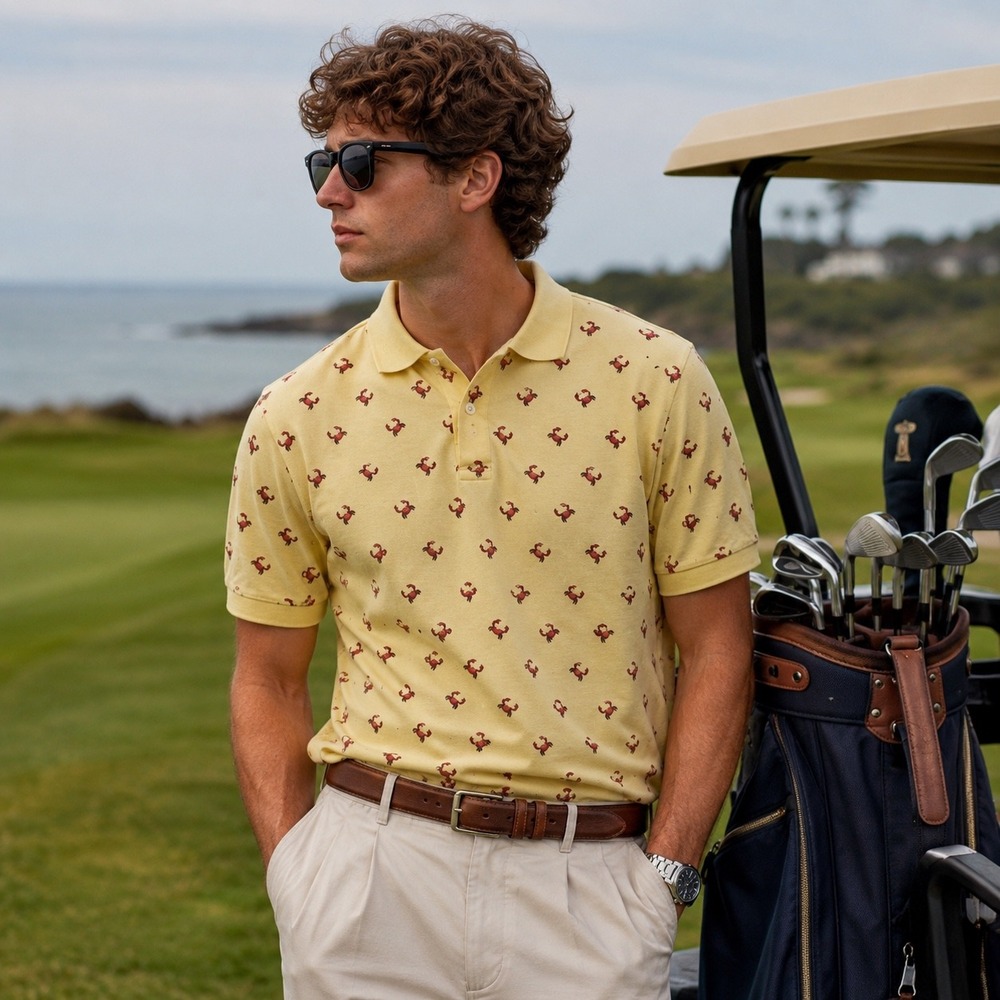 Brooks Brothers 346‎ Yellow Crab Print Polo Shirt Preppy Coastal Mens L Golf
